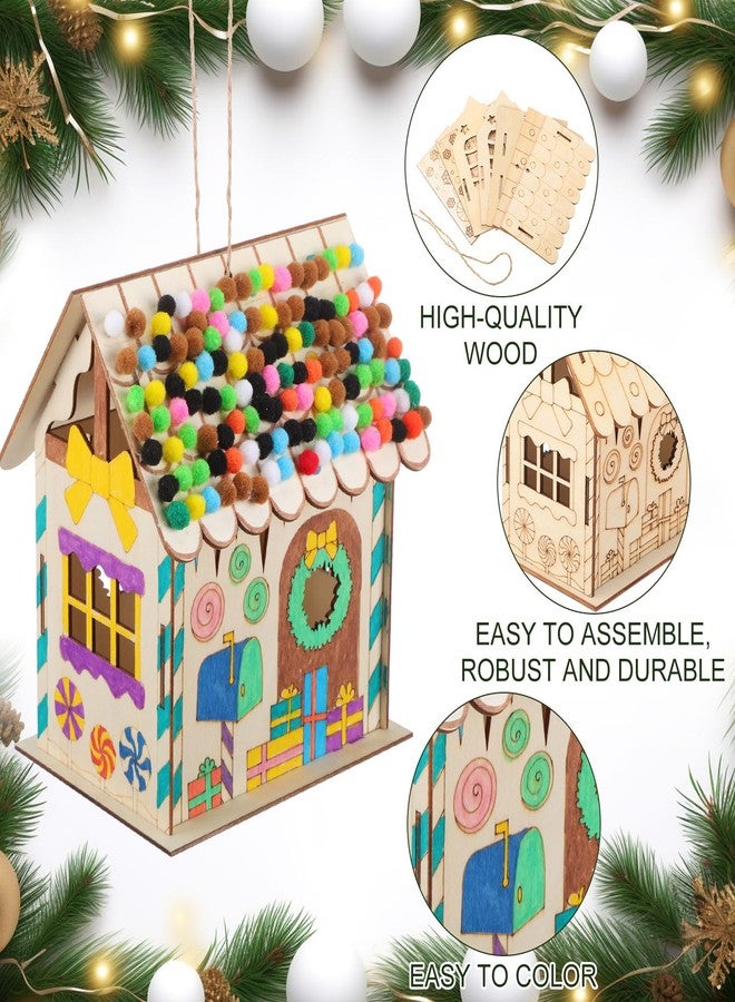 DoubleFill 4 Pack 7 Inch Christmas Gingerbread House Kit, DIY Christmas Village Houses Gingerbread House Include Colorful Pompoms and Water Color Pen for Party Games DIY Gifts (Winter) - Image 3